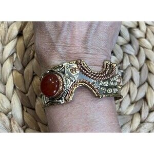 Fabulous Namibian Carnelian Hammered Silver Copper Tone Ornate Cuff Bracelet